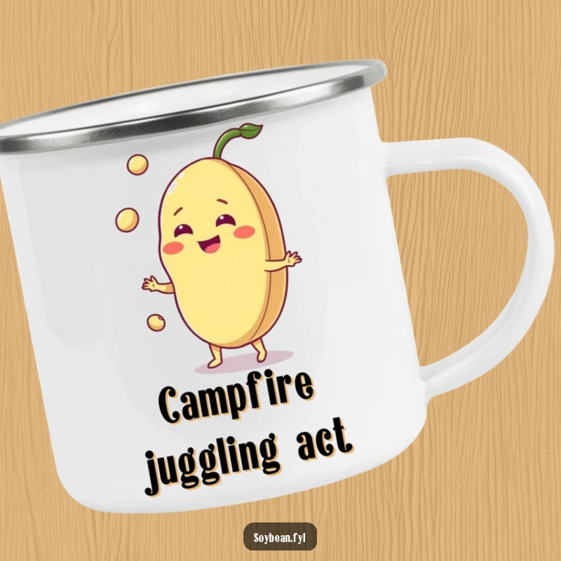 Funny jovial soybean camping mug, grinning bean juggling pods, durable and portable, perfect for the outdoors.