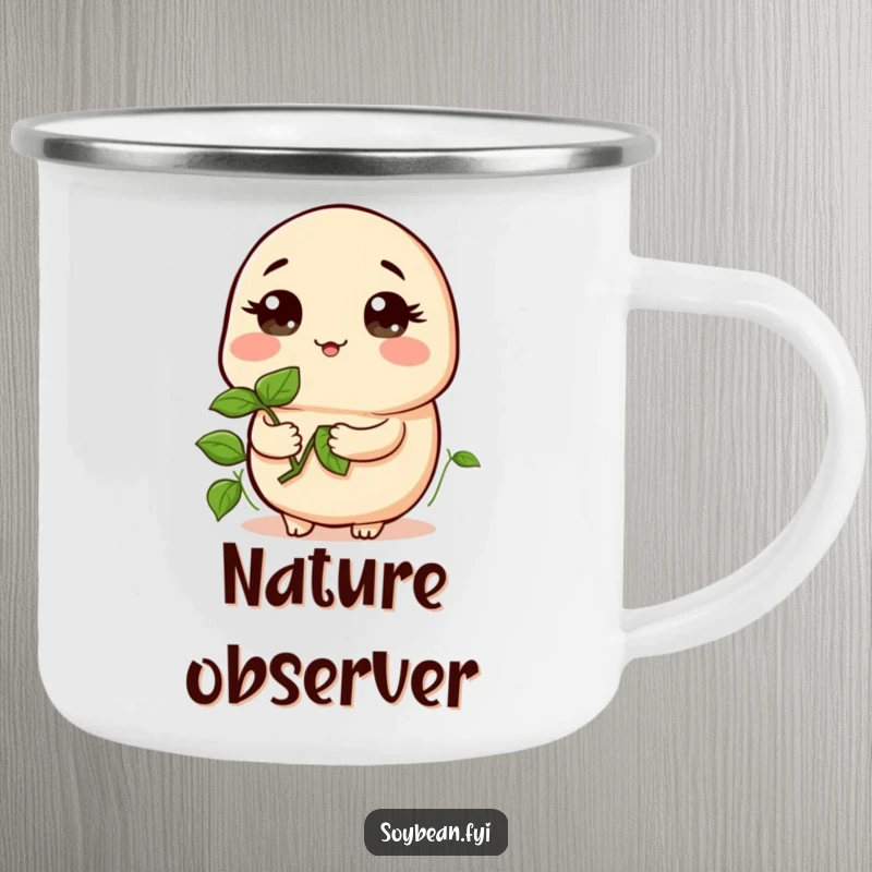 Funny camping mug with a kawaii soybean holding a sprout, looking curious, designed for outdoor contemplation and thoughtful humor, a great funny gift.