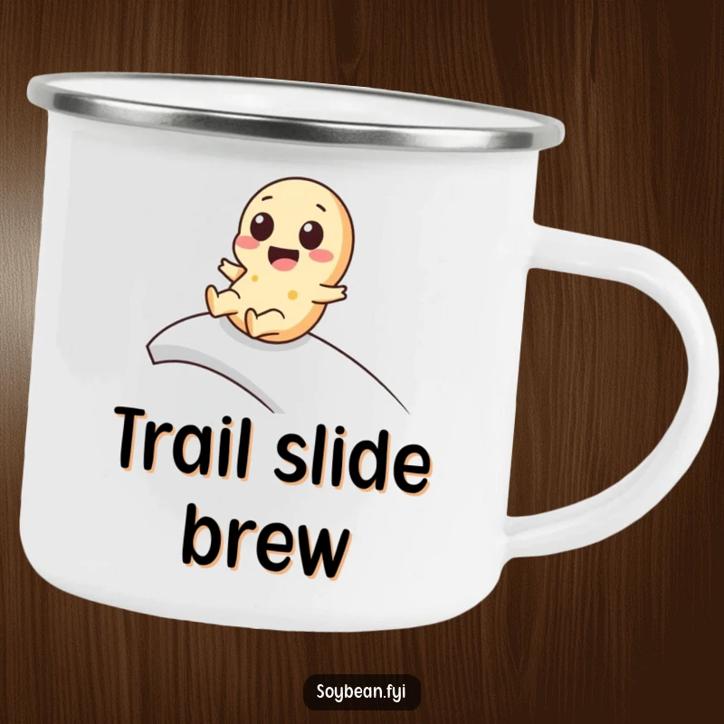 Funny kawaii soybean camping mug featuring a cute character playfully sliding down a ramp, ideal for outdoor cuteness.