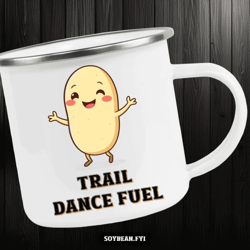 Funny Kawaii soybean character grinning and dancing outdoors, featured on a sturdy and funny camping mug.