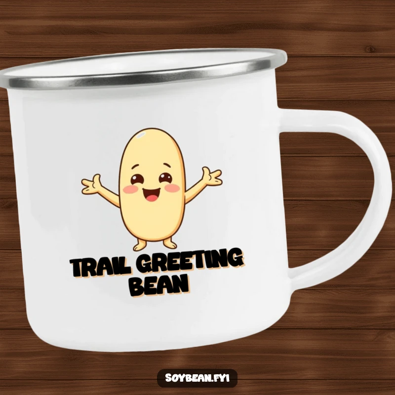 Funny Kawaii soybean character camping mug, depicting the character with arms spread wide in a cheerful, friendly greeting.
