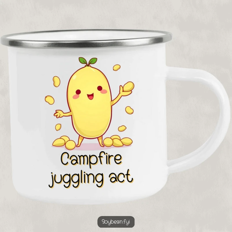 Funny camping mug depicting a kawaii soybean character juggling tiny edamame pods, perfect for outdoor fun and demonstrating skill.