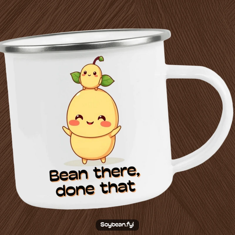 Funny kawaii soybean character mom balancing a baby soybean on its head, on a durable camping mug.