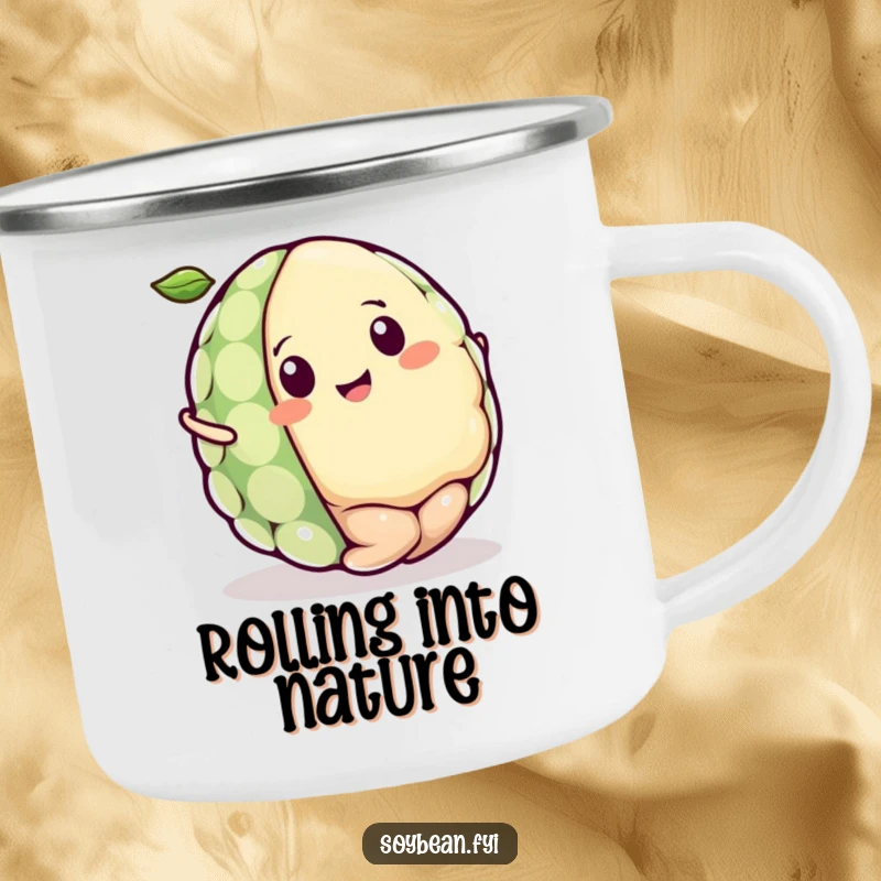Funny Kawaii soybean character camping mug, depicting the character rolling joyfully like a tiny ball with an expression of pure delight.