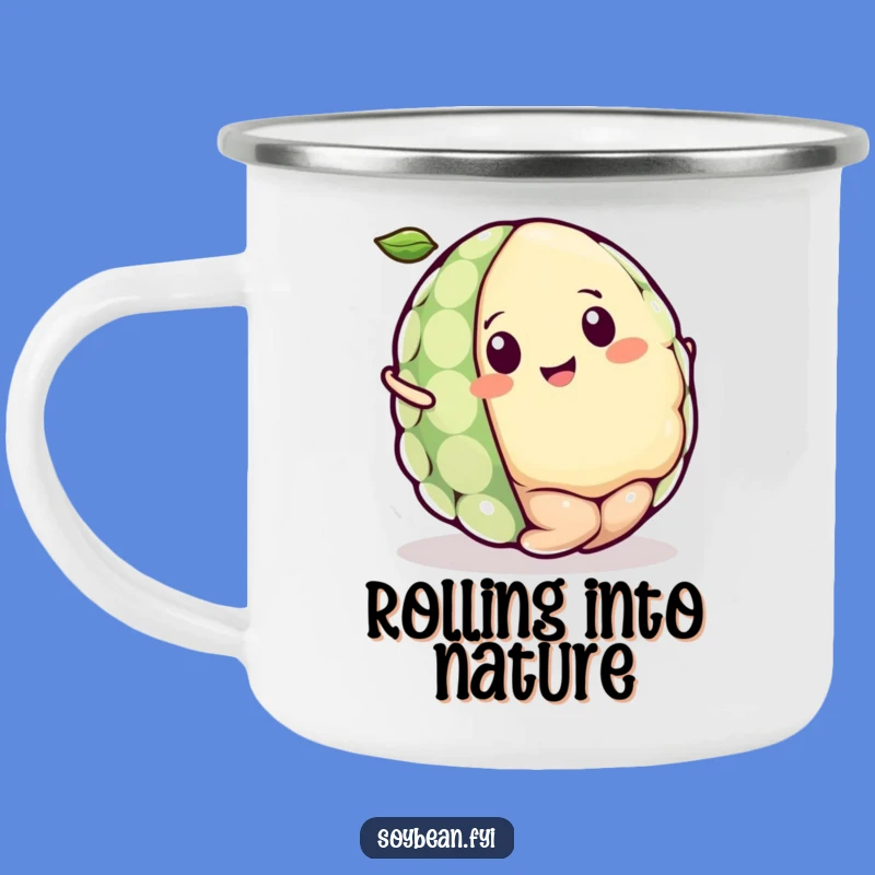 Funny Kawaii Soybean Rolling Camping Mug, Adventure with a Delightful Ball