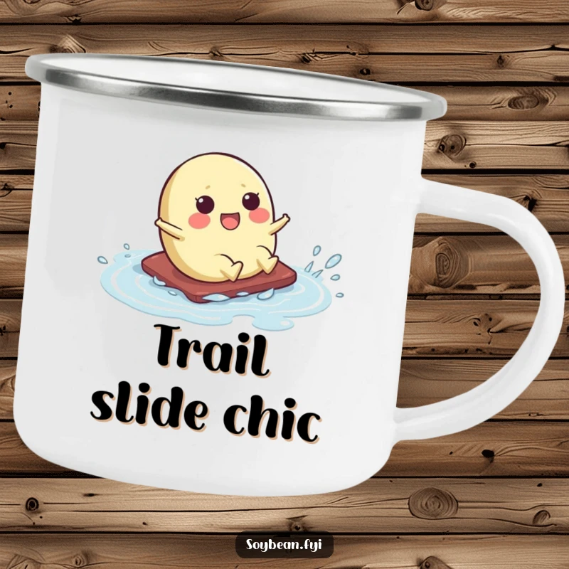 Funny camping mug depicting a kawaii soybean character humorously sliding across a wet surface, ready for any slippery adventure.