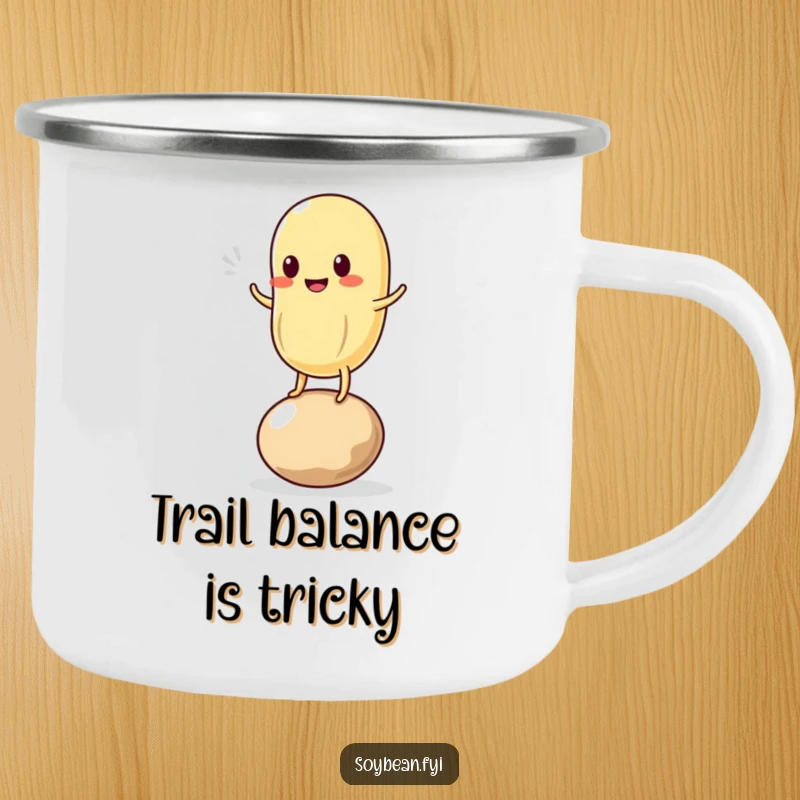 Funny camping mug depicting a kawaii soybean character in a comical balancing act on a single bean, perfect for outdoor fun.