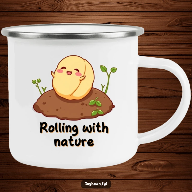 Funny playful soybean rolling joyfully on soil on a sturdy camping mug.