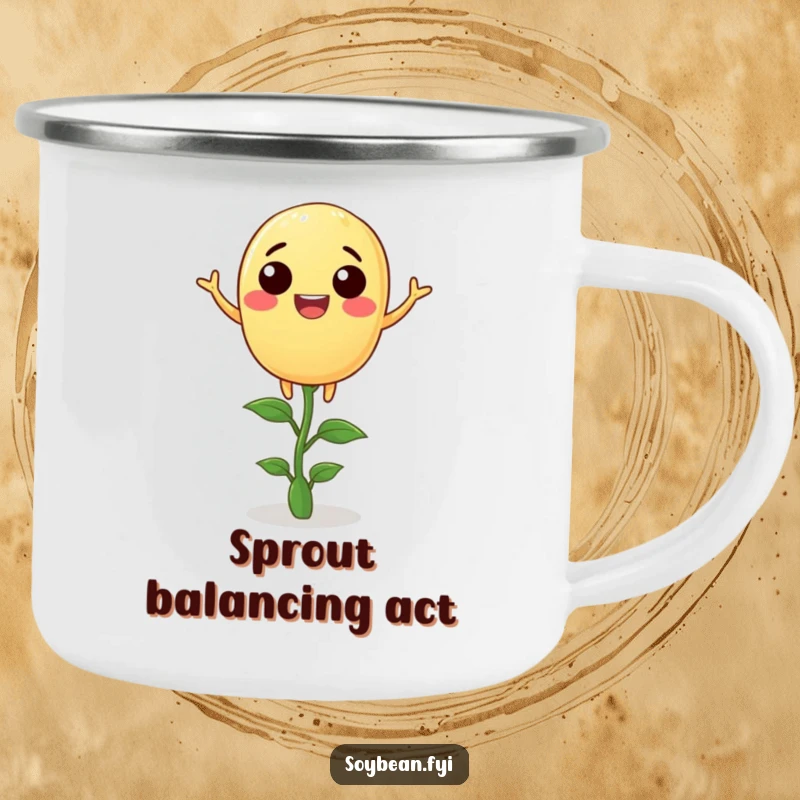 Funny soybean camping mug with a joyful anthropomorphic soybean balancing on a tiny sprout, ideal for humorous outdoor enjoyment.
