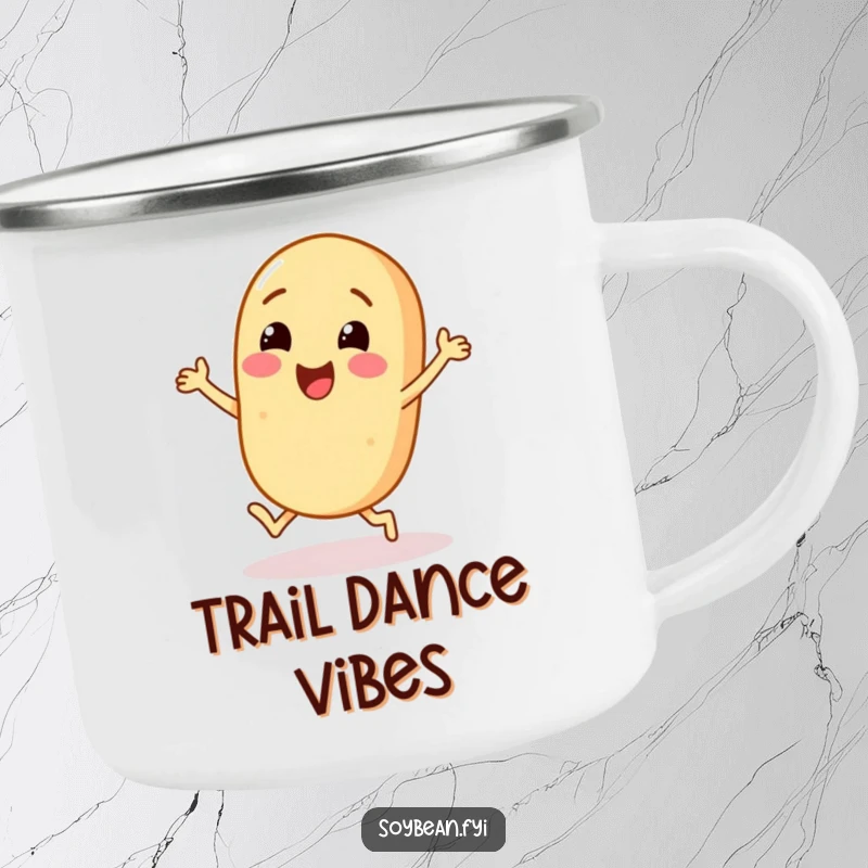 Funny Soybean Camping Mug: A cheerful soybean character doing a happy dance with its little feet.