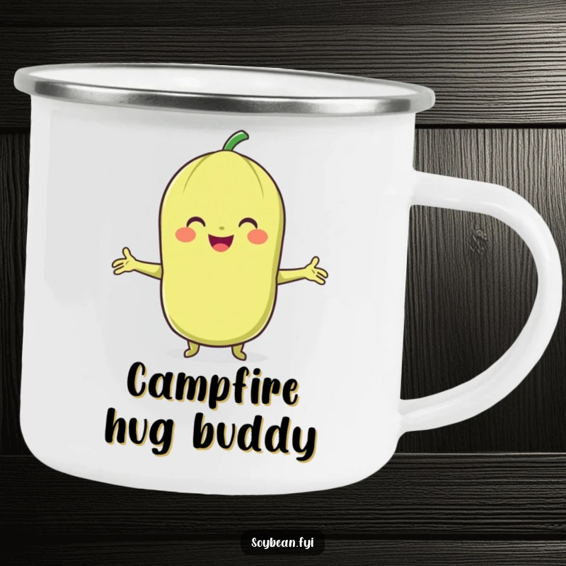 Funny Soybean Camping Mug: A smiling soybean character offering a hug, perfect for outdoor trips.