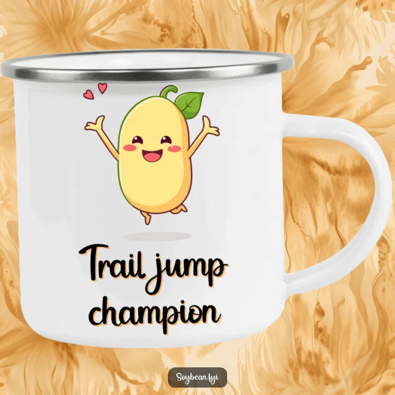 Funny soybean camping mug with a grinning anthropomorphic soybean doing a celebratory jump, ideal for humorous outdoor enjoyment.