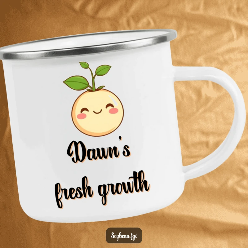 Funny Camping Mug: Enamel mug featuring a smiling soybean with a sprout, perfect for enjoying beverages outdoors with cheer.