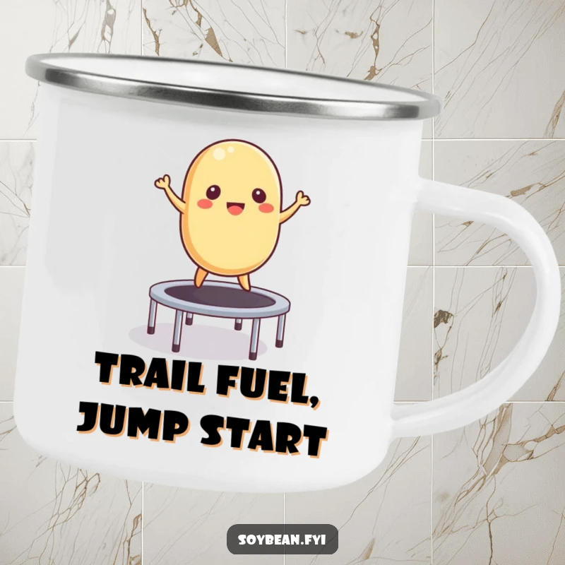Funny Camping Mug: Enamel mug featuring a happy soybean energetically bouncing on a trampoline, perfect for outdoor fun.