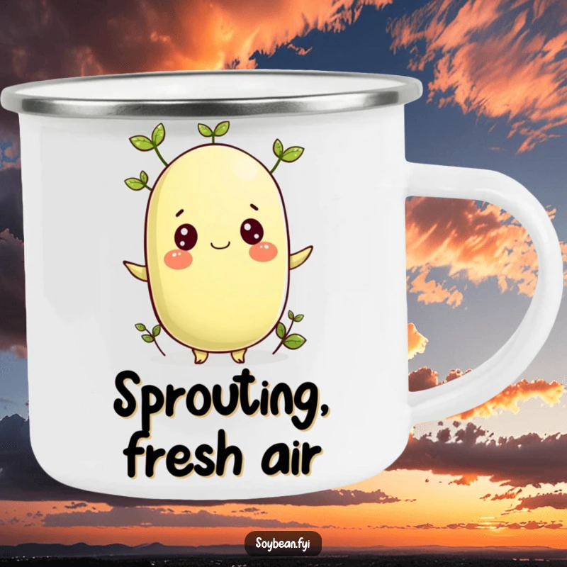 Funny camping mug featuring a cheerful soybean character sprouting leaves, perfect for nature lovers outdoors.