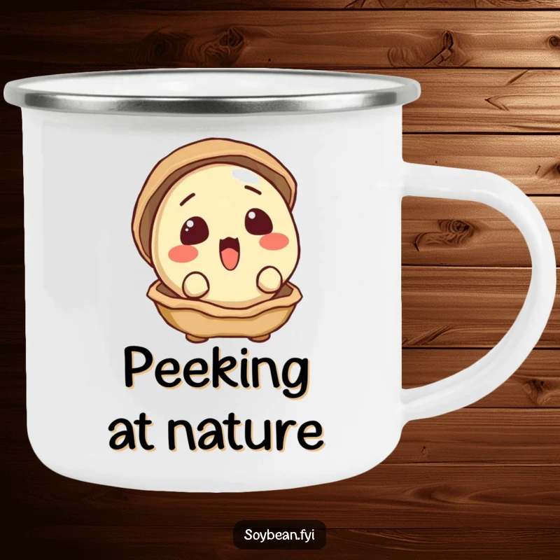 Funny camping mug showing a surprised soybean peeking curiously from its shell in an outdoor setting.