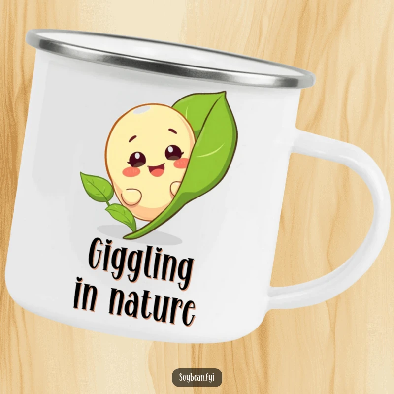 Funny camping mug with a giggling soybean character peeking from behind a leaf, ideal for outdoor adventures and cheerful drinks.