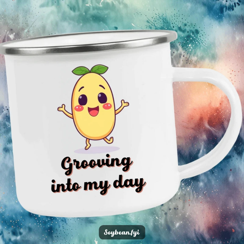 Funny soybean camping mug with an excited anthropomorphic character doing a happy shuffle, ideal for humorous outdoor use.