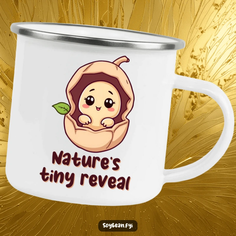 Funny giggling soybean peeking from a cracked bean pod on a sturdy camping mug for outdoor enthusiasts.