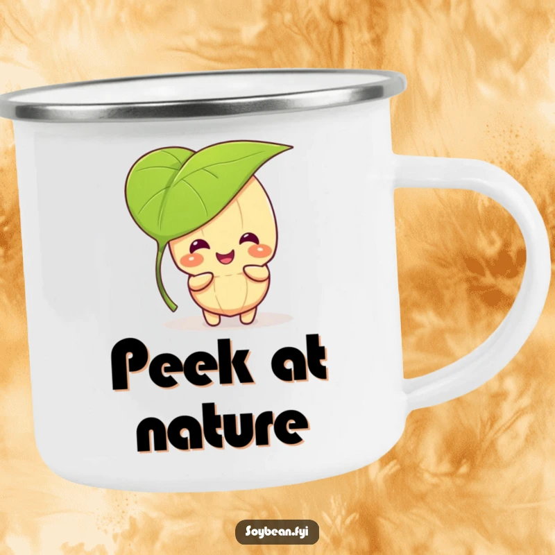 Funny kawaii soybean character giggling while playing peek-a-boo behind a large leaf, on a durable camping mug.