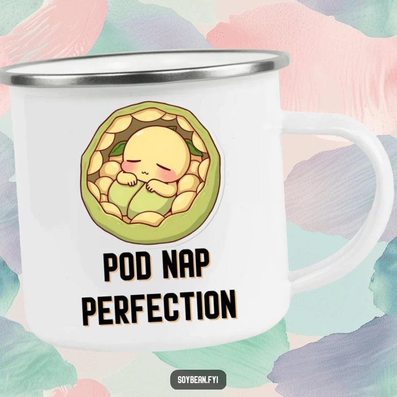 Funny contented soybean napping within pods on a sturdy camping mug.
