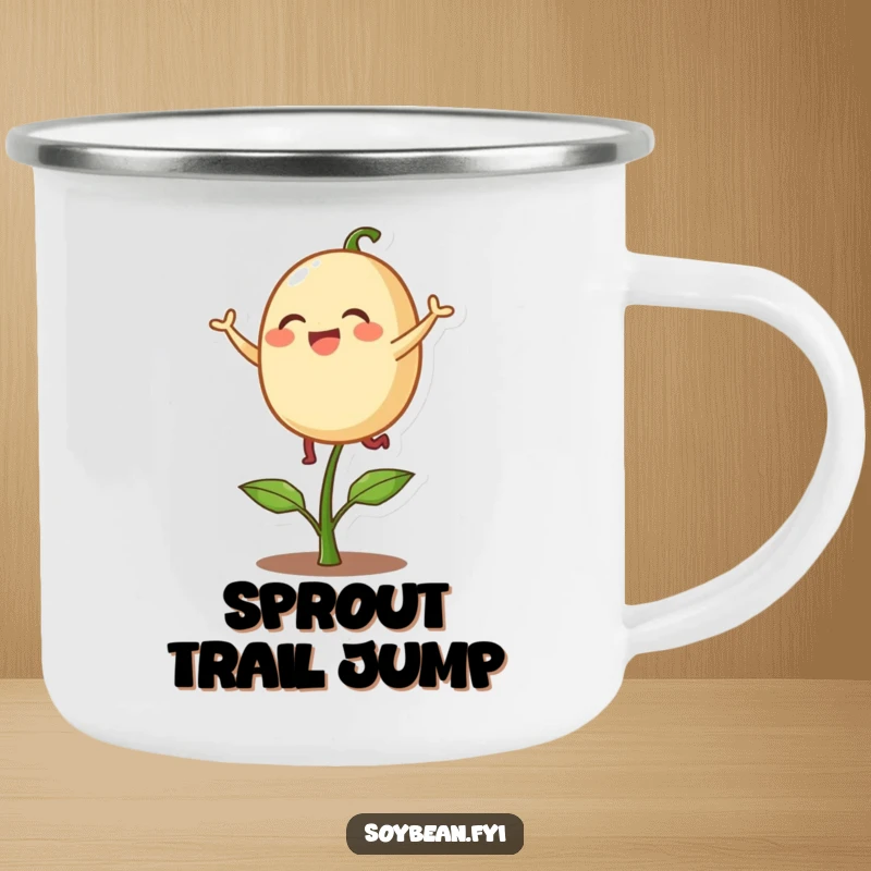 Funny camping mug featuring a delighted soybean character playfully bouncing on a single sprout, designed for outdoor enjoyment with a humorous touch.