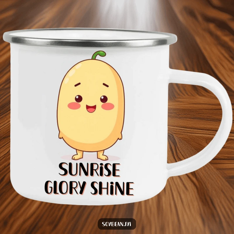Funny proud soybean standing tall with a rosy blush on a sturdy camping mug.