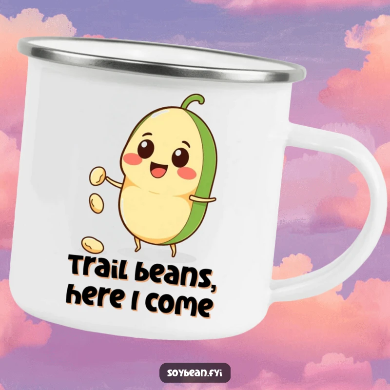 Funny Kawaii soybean character camping mug, smiling and throwing a tiny bean, durable and designed for outdoor humor.
