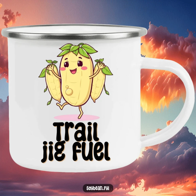 Funny camping mug featuring a happy soybean character doing a little jig with its bean pods in sync, designed for outdoor enjoyment with a humorous touch.