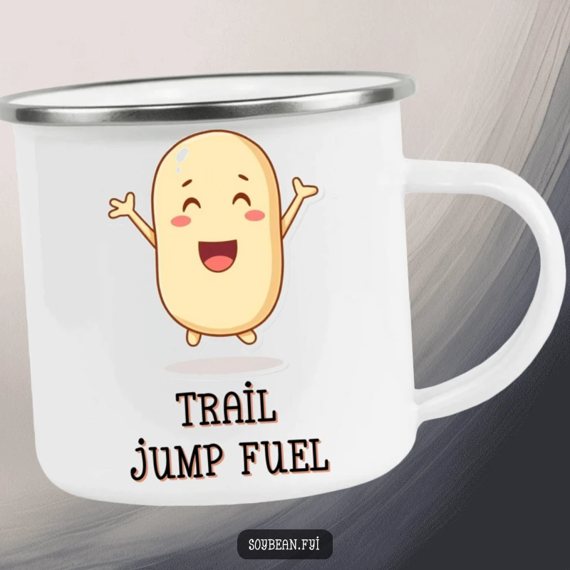 Funny camping mug with a happy, leaping soybean character, perfect for outdoor enthusiasts and coffee lovers.