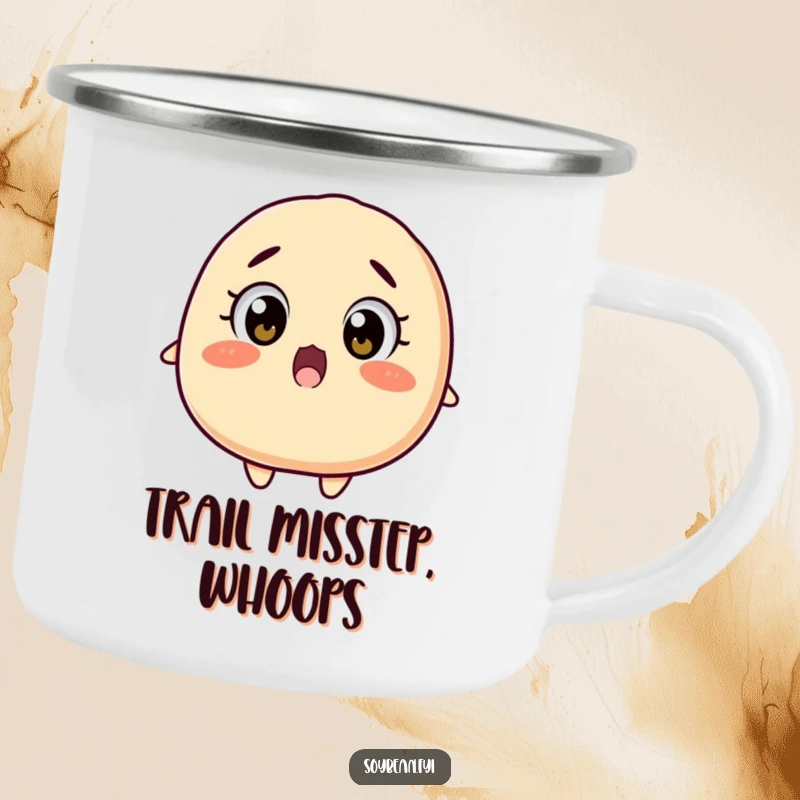 Funny surprised soybean camping mug with wide eyes falling backwards, durable and cheerful for outdoor surprises, a fantastic funny gift.