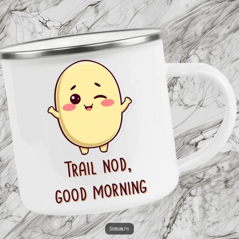 Funny Kawaii soybean character camping mug, winking and nodding with a friendly smile, perfect for outdoor humor.