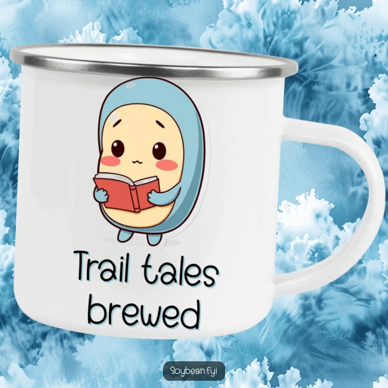 Funny camping mug featuring a pensive soybean character holding a small book, perfect for outdoor reading and adding humor to camp trips.