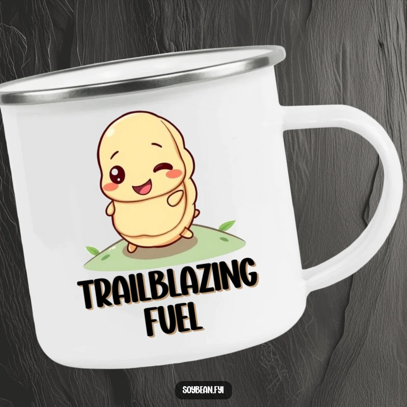 Funny camping mug showing a determined soybean rolling uphill, perfect for outdoor motivation.