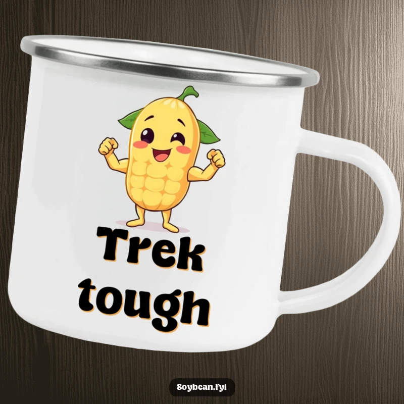 Funny camping mug showcasing a cheerful anthropomorphic soybean flexing its muscles, perfect for outdoor strength.