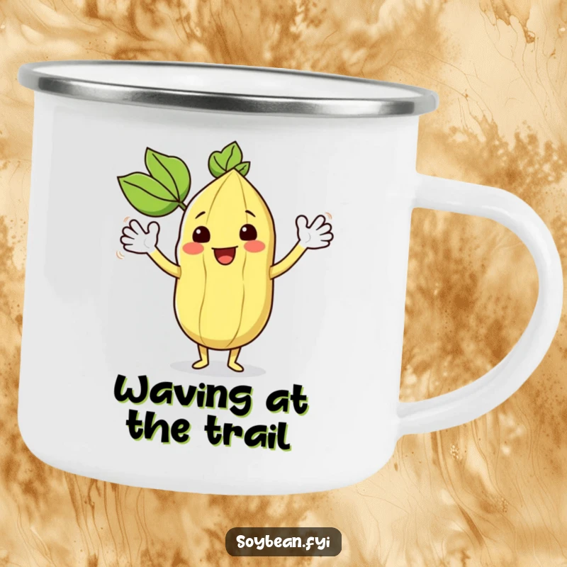 Funny kawaii soybean character enthusiastically waving its leafy arms, on a durable camping mug.