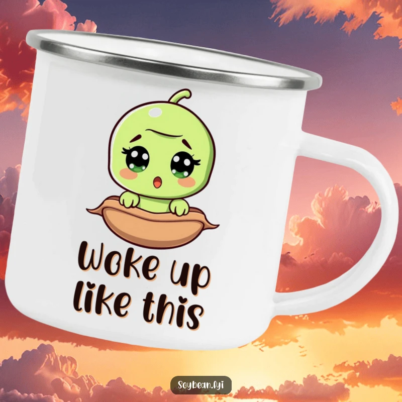 Funny surprised soybean camping mug, wide-eyed bean peeking from pod, durable enamel, perfect for the great outdoors.