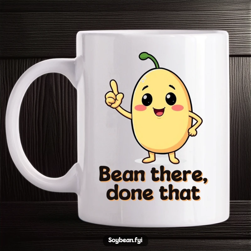 Funny soybean mug with a beaming anthropomorphic character giving a confident nod, expressing positivity and humor.