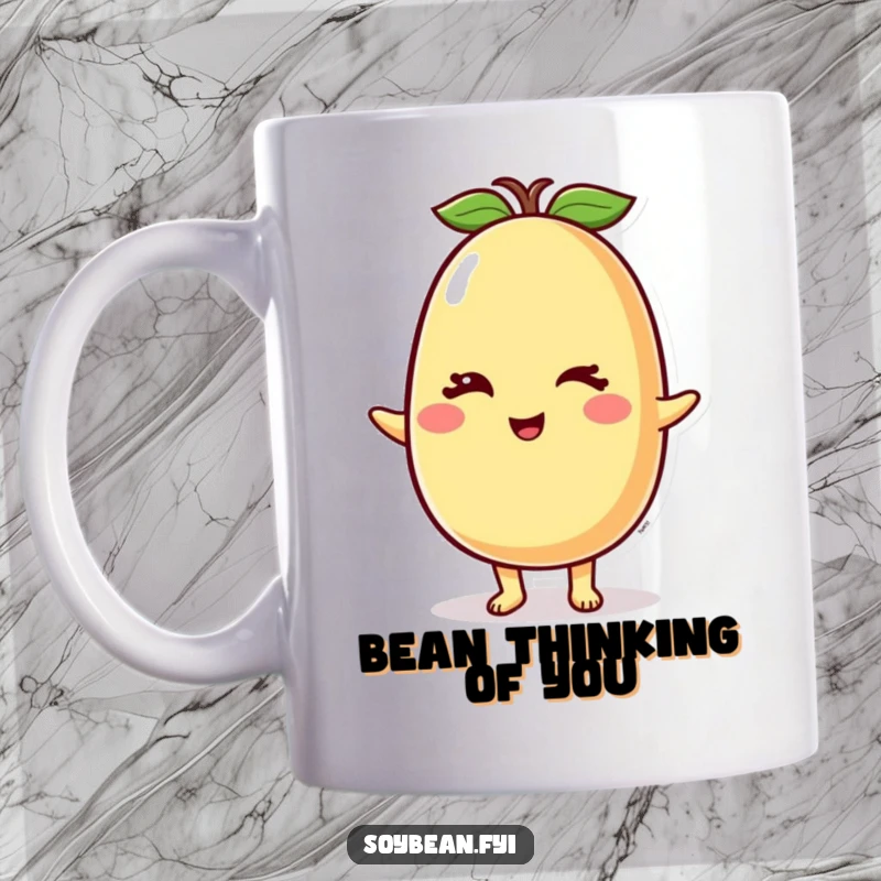 Funny Soybean Mug featuring a cheerful soybean character giving a friendly, knowing wink, perfect for adding lightheartedness to any kitchen.