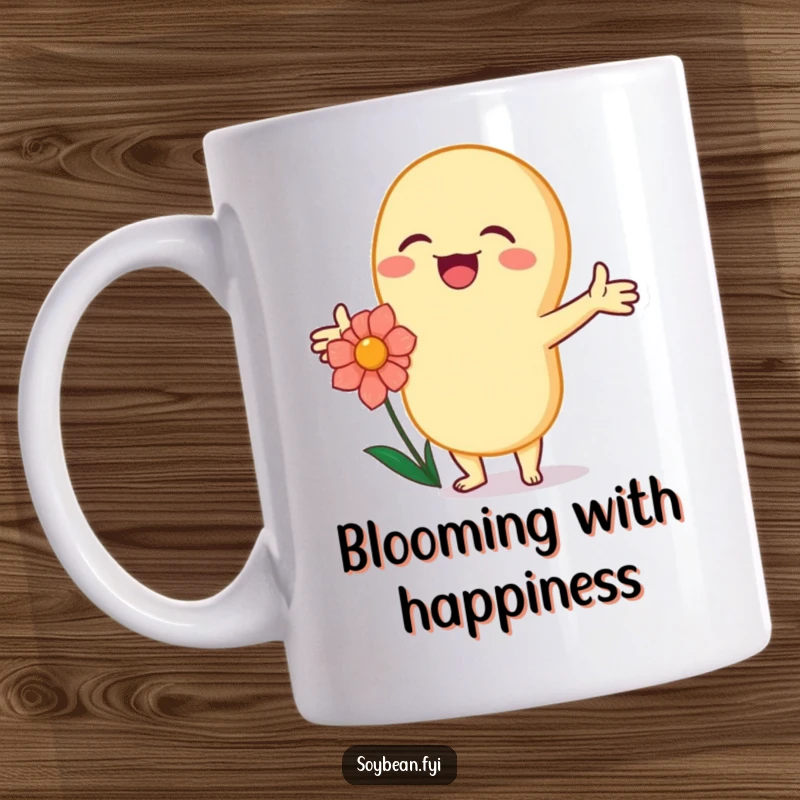 Funny kawaii soybean character with arms outstretched in a joyous embrace, hugging a flower, on a mug.