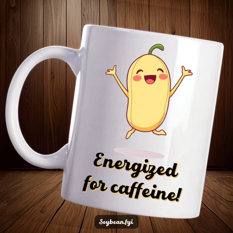Funny Soybean Mug: An excited soybean is captured mid-jumping jack, radiating pure, energetic joy.