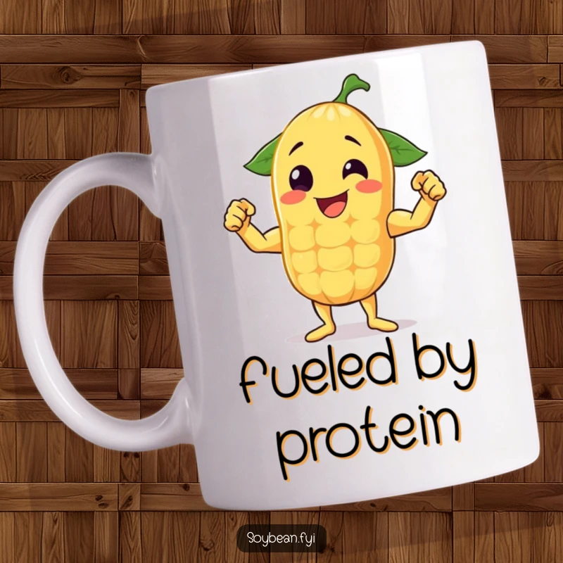 Funny mug illustrating a cheerful anthropomorphic soybean proudly showing off its flexed muscles with a big smile.