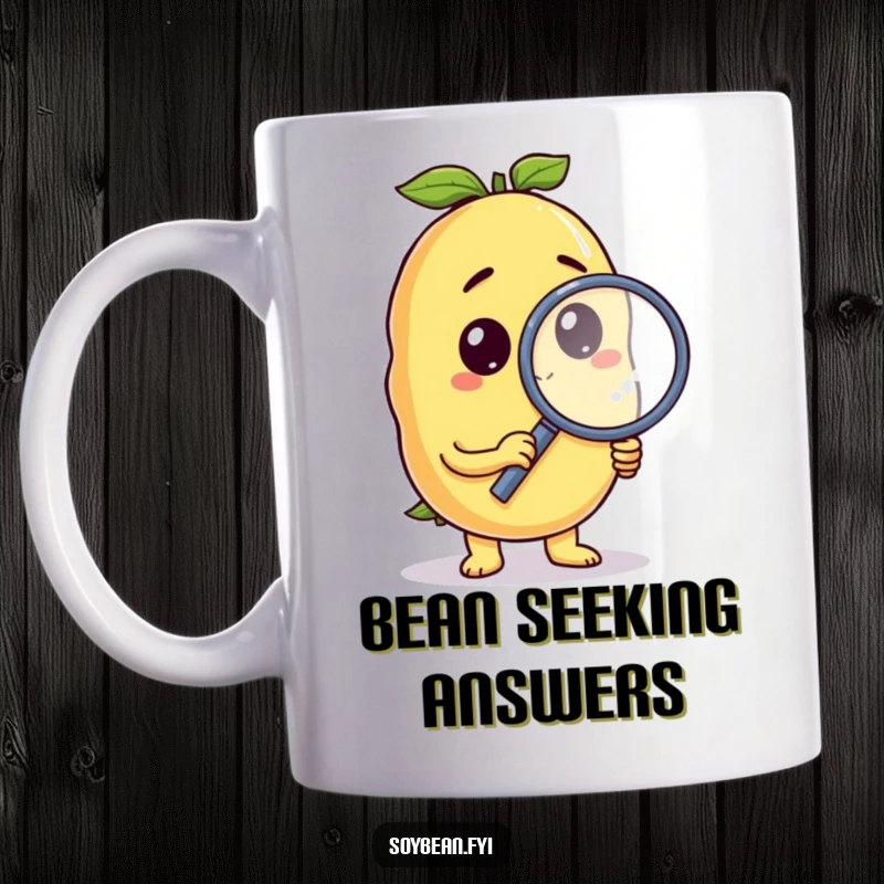 Funny soybean mug with a curious anthropomorphic character holding a magnifying glass, exploring with humorous intent.