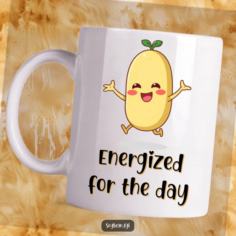 Funny enthusiastic soybean character performing a jumping jack, energetic and happy mug design.