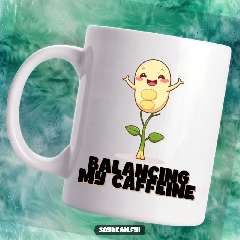 Funny mug showing a gleeful soybean character perfectly balanced on a thin, single green sprout, embodying precarious joy.