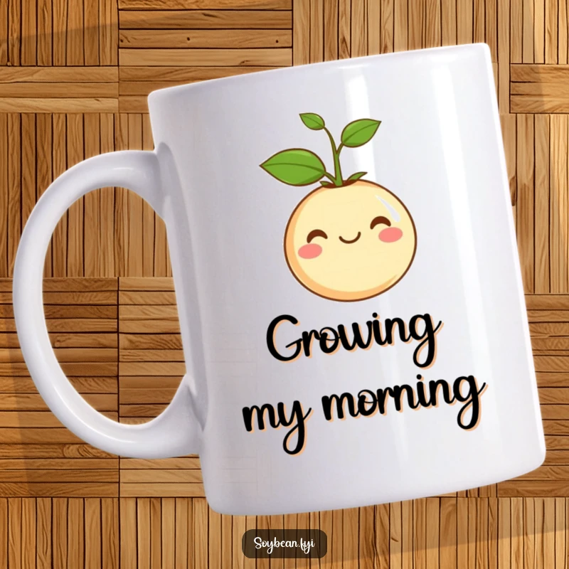 Funny Mug: A content soybean with a small green sprout emerging from its head, smiling serenely, representing growth.