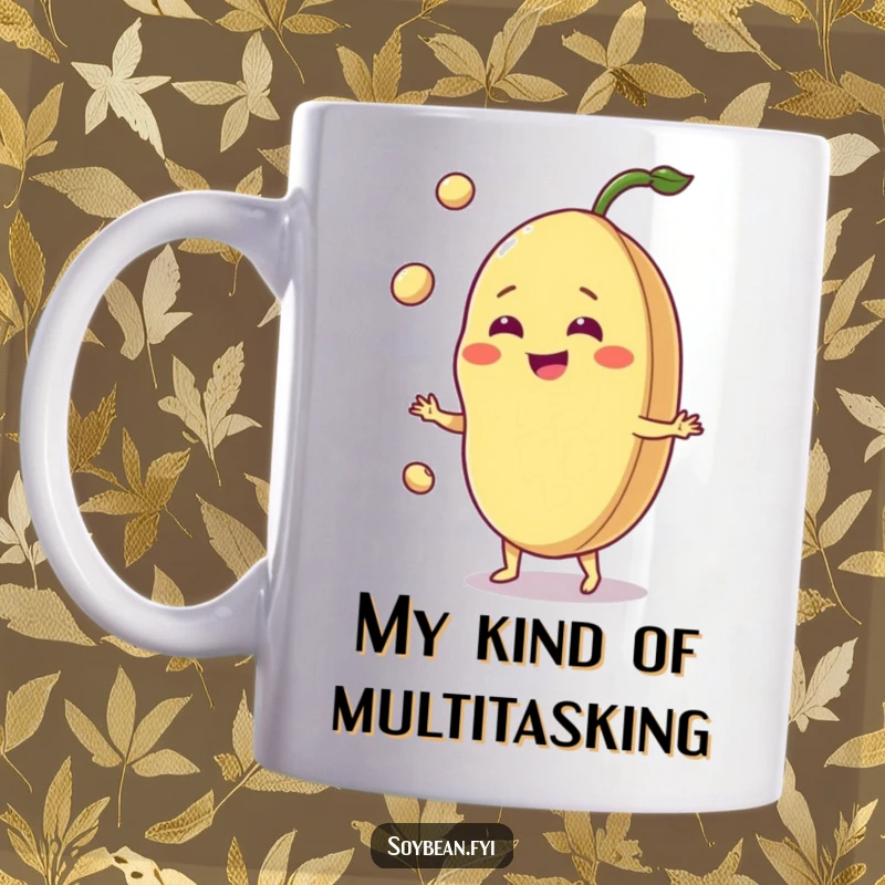 Funny jovial soybean mug, grinning bean happily juggling pods, cheerful veggie character, perfect for a happy morning.