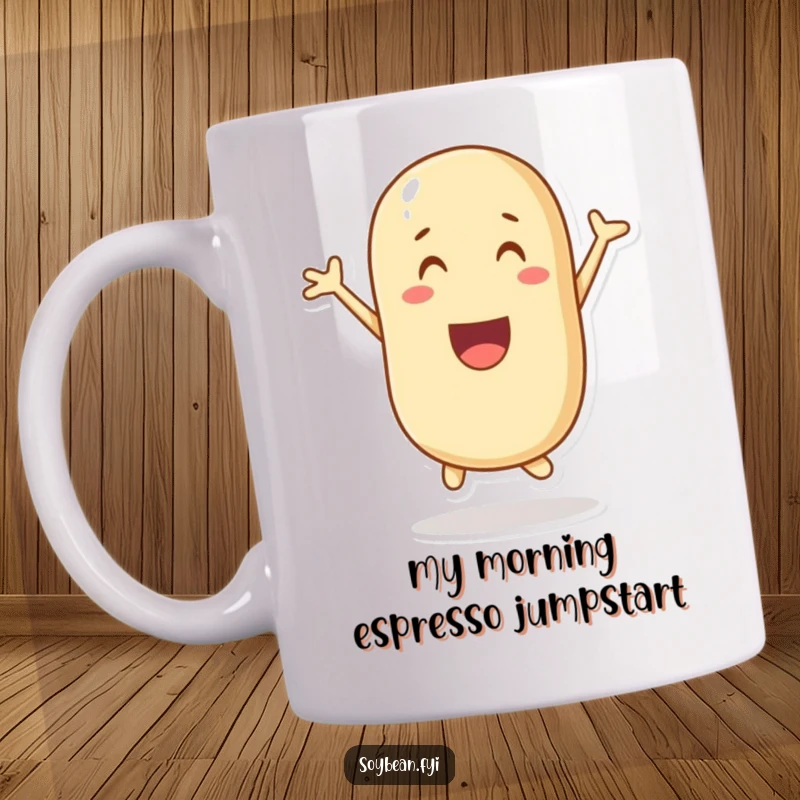 Funny mug featuring a jubilant soybean character mid-air, leaping with pure, unadulterated happiness.