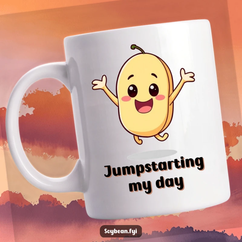 Funny mug showing an animated soybean character joyfully jumping high in the air with excitement and happiness, a fun beverage holder.
