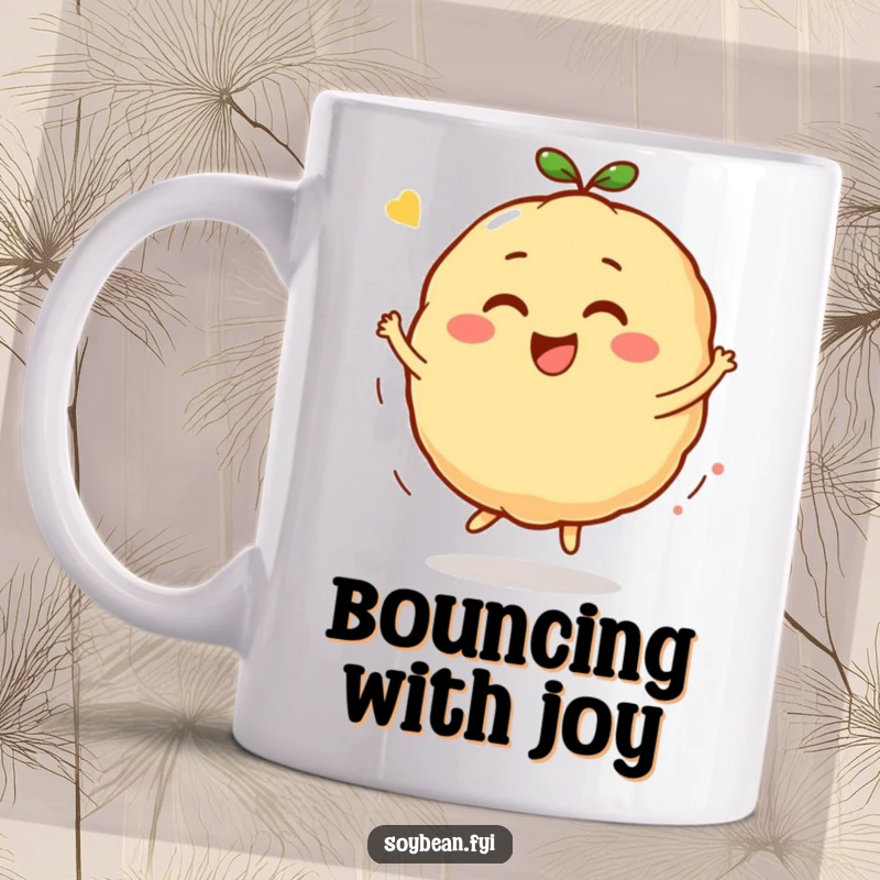Funny Kawaii soybean character mug, depicted in a joyful bounce and spin, radiating pure happiness and delight.